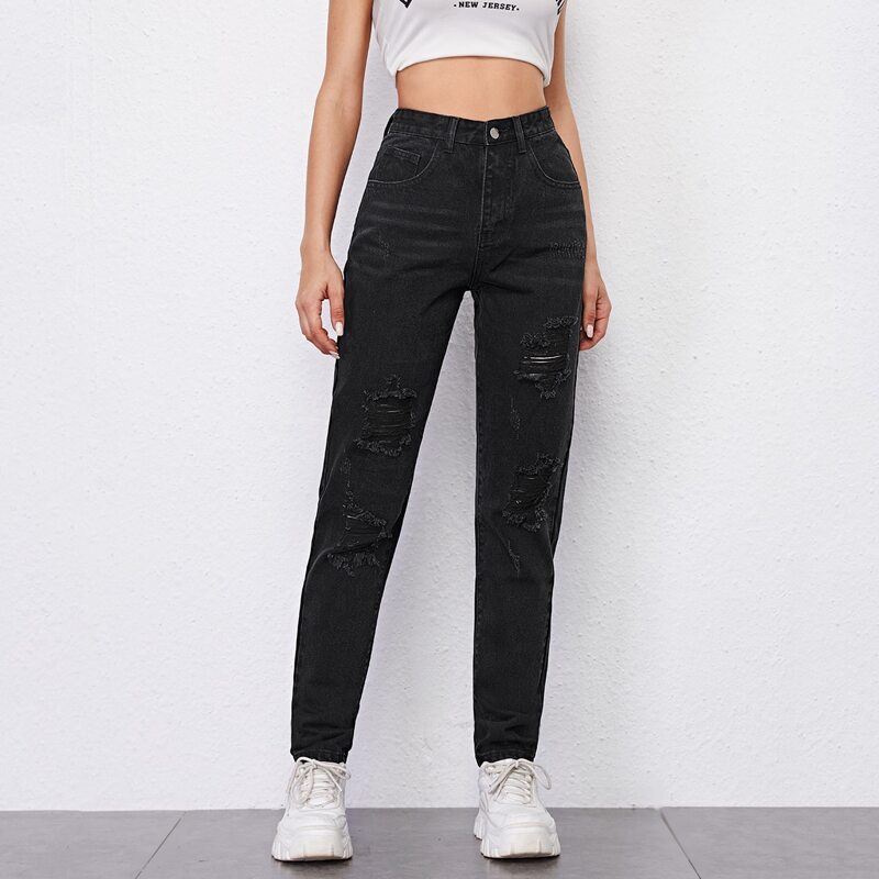 

High Waisted Ripped 5-pocket Straight Jeans, Black