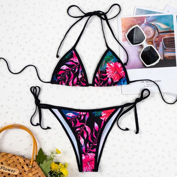 

Floral & Tropical Triangle Tie Side Bikini Swimsuit, Multicolor