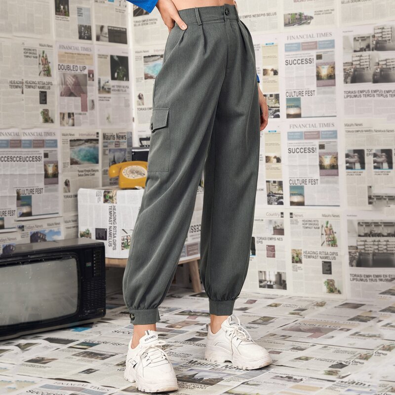 

Flap Pocket Solid Cargo Pants, Dark grey