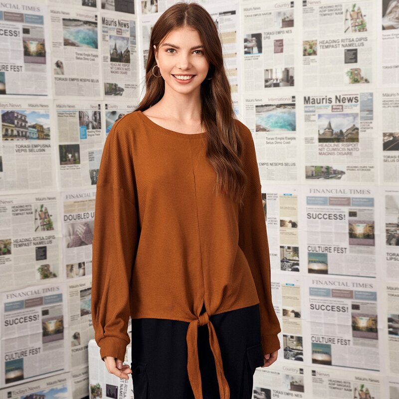 

Drop Shoulder Tie Hem Tee, Brown