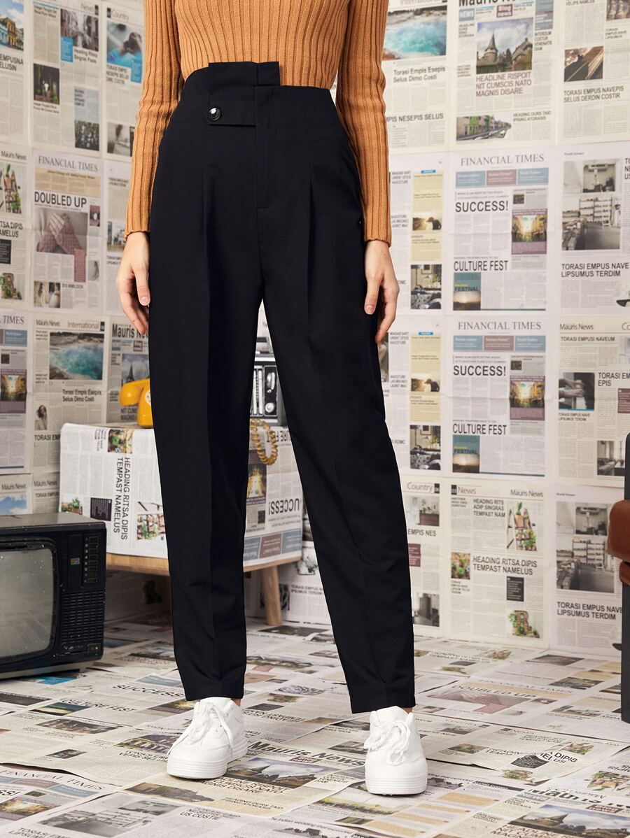 Stepped Waist Tapered Pants - Black - View 1