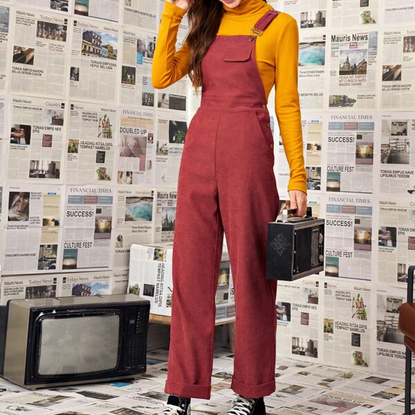 

Corduroy Flap Detail Overall Jumpsuit, Red