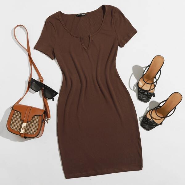 

Notch Neck Rib-knit Dress, Chocolate brown