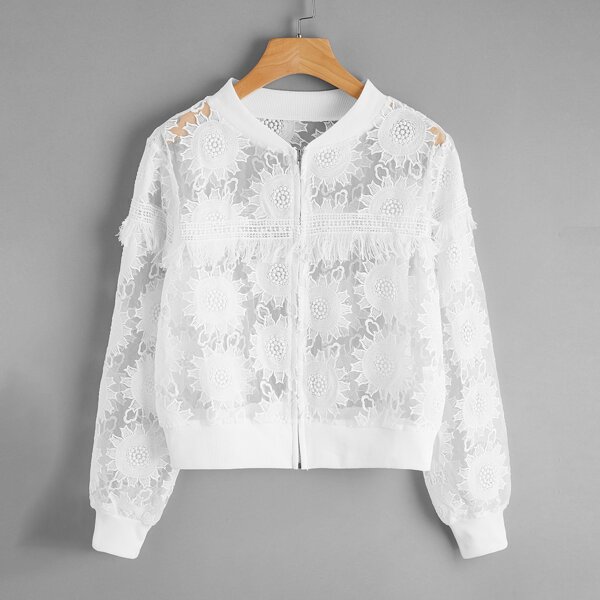 

Sheer Embroidery Mesh Bomber Jacket, White