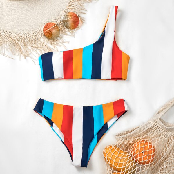 

Colorful Striped One Shoulder Bikini Swimsuit, Multicolor
