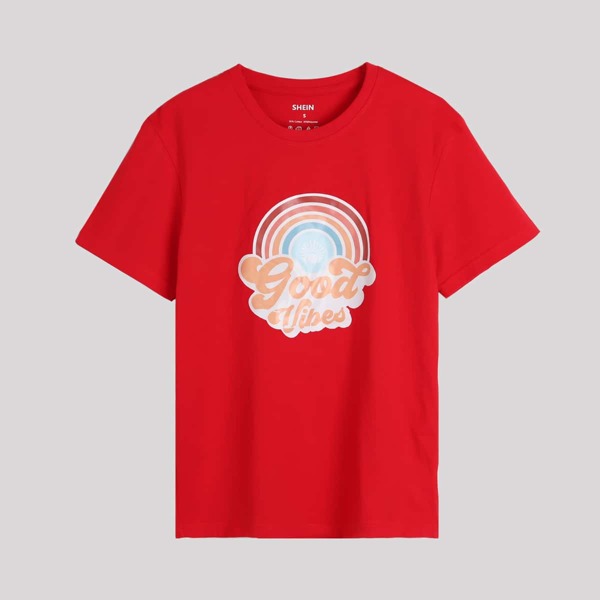 

Cartoon Rainbow And Letter Graphic Tee, Red