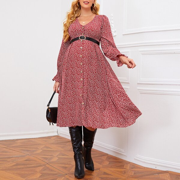 

Maternity Bell Sleeve Allover Plant Dress Without Belt, Red and white