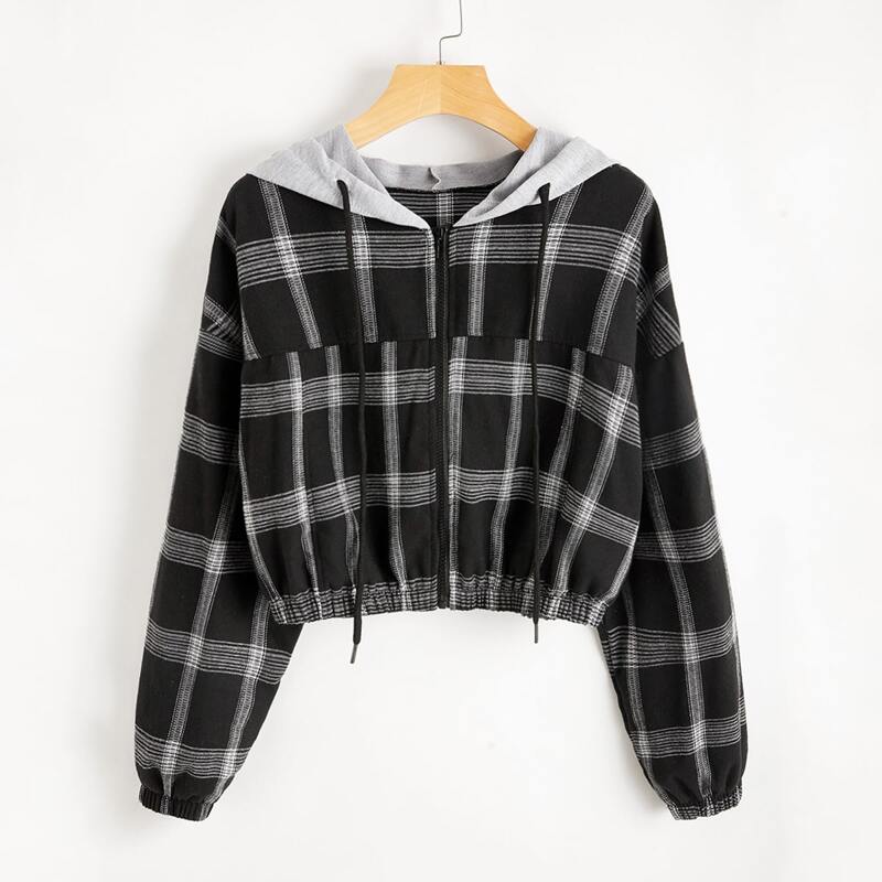 

Plaid Drawstring Hooded Jacket, Black