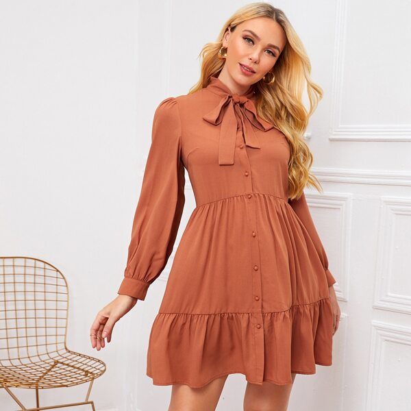 

Maternity Tie Neck Ruffle Hem Smock Dress, Burnt orange