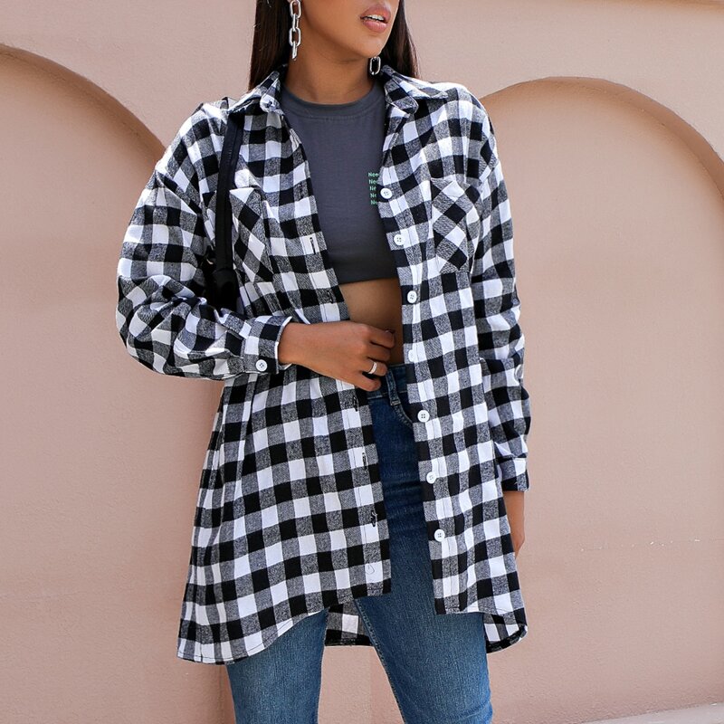 

Gingham Dual Pockets Longline Blouse, Black and white