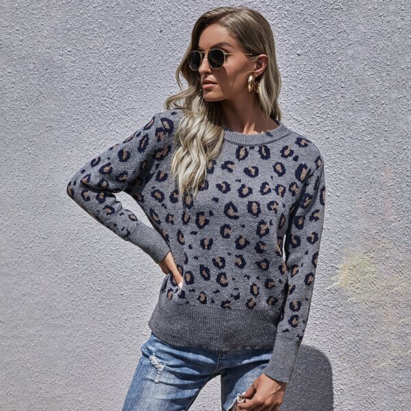 

Leopard Crew Neck Sweater, Grey