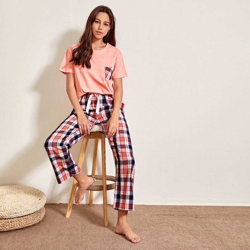 

Plaid Pocket Top & Pants PJ set, Multicolor