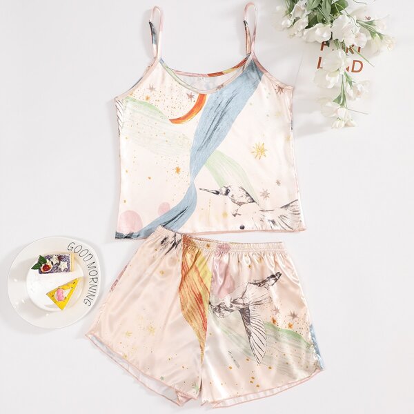 

Bird Print Cami Top & Shorts Satin Night Set, Apricot