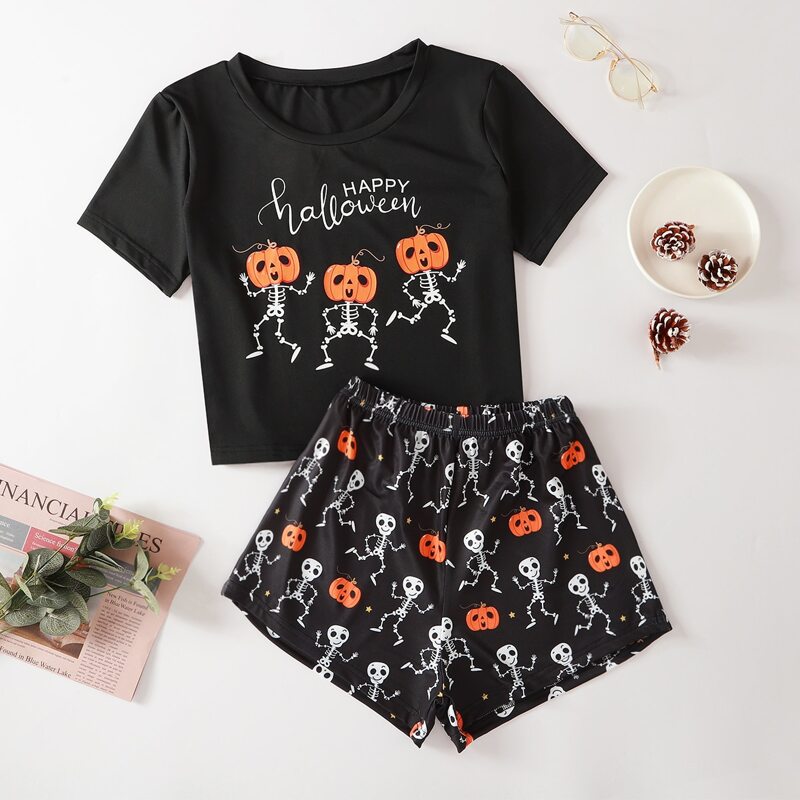 

Halloween Letter Graphic Top & Shorts PJ Set, Black