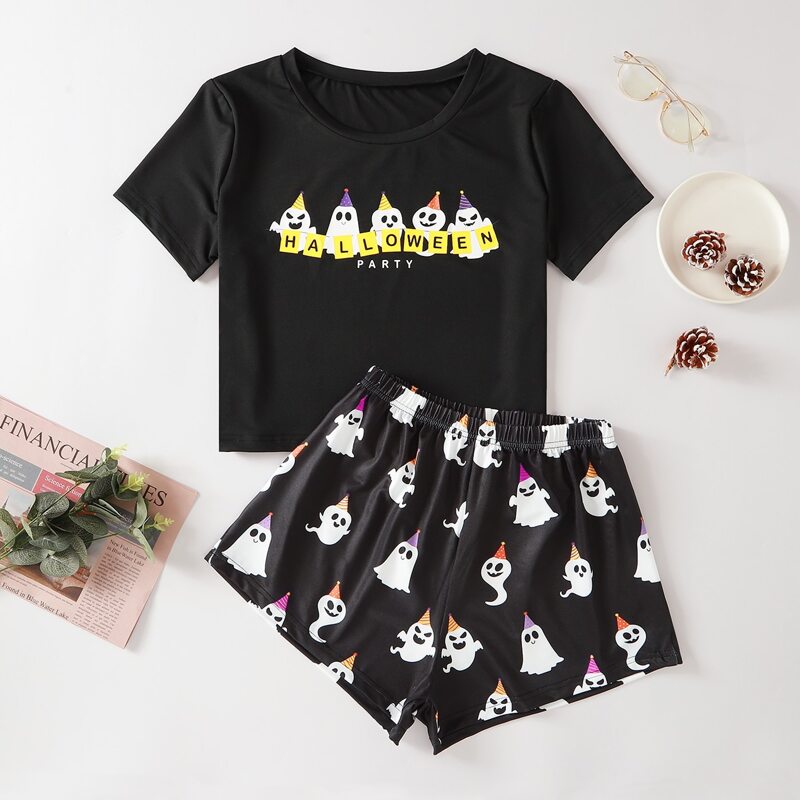 

Halloween Letter Graphic Top & Shorts PJ Set, Black