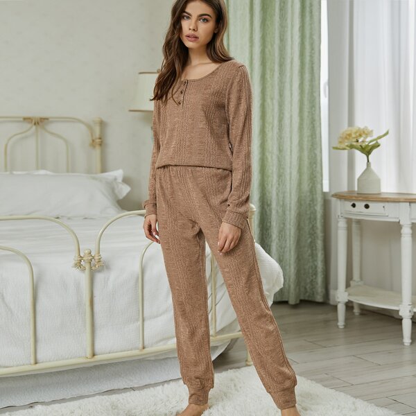 

Half Button Solid Lounge Set, Mocha brown