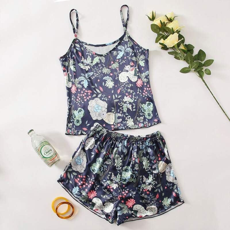 

Floral & Animal Print Satin Night Set, Multicolor