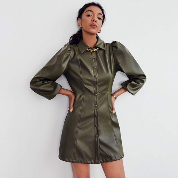 

Bishop Sleeve PU Leather Dress, Army green