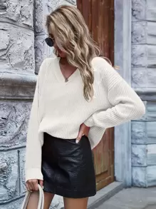 SHEIN LUNE Jersey de hombros caídos tejido de canalé unicolor - Blanco - Ver 1