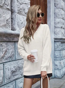 SHEIN LUNE Jersey de hombros caídos tejido de canalé unicolor - Blanco - Ver 4