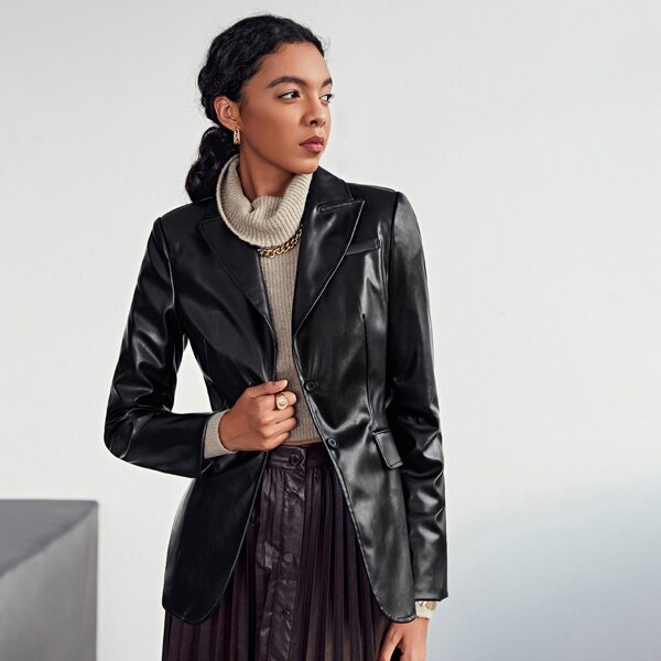 

Button Front PU Leather Blazer, Black