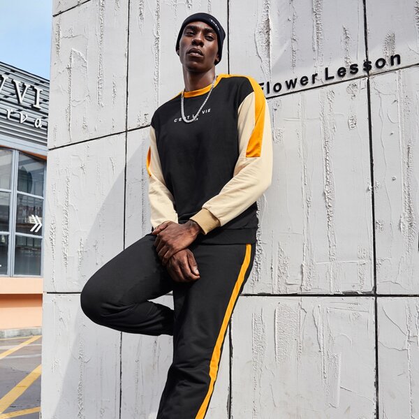 

Men Slogan Graphic Color Block Pullover & Sweatpants Set Without Bag, Multicolor