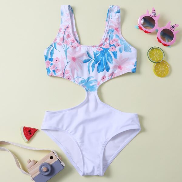 

Girls Floral & Tropical Cut-out One Piece Swimsuit, Multicolor