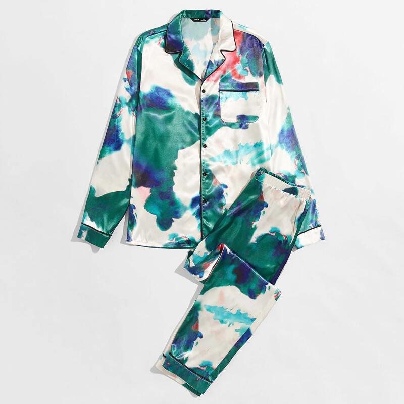 

Guys Splash Ink Print Button Front Shirt & Pants PJ Set, Multicolor