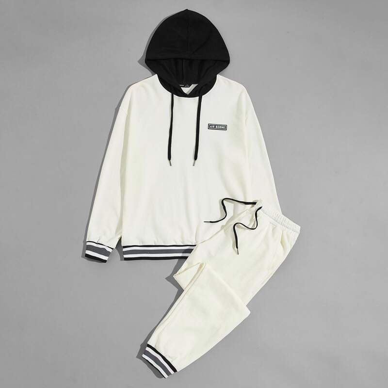 

Guys Patched Detail Striped Hoodie & Sweatpants Set, Beige