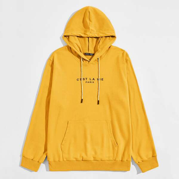 

Men Slogan Graphic Kangaroo Pocket Hoodie, Mustard yellow