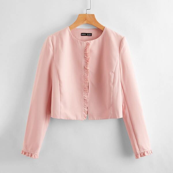

Frill Trim Solid Open Front Jacket, Baby pink