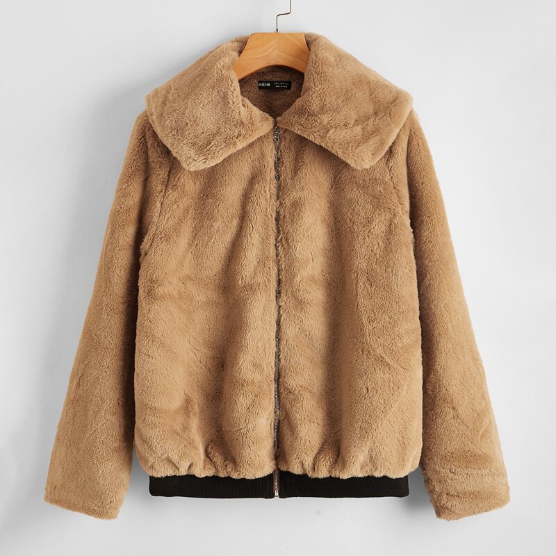 

Collared Zip Up Faux Fur Coat, Camel