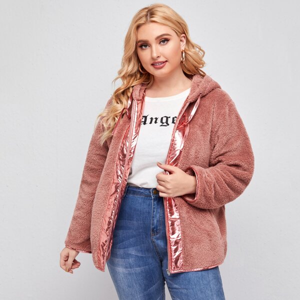 

Plus Pocket Front Teddy Coat, Dusty pink
