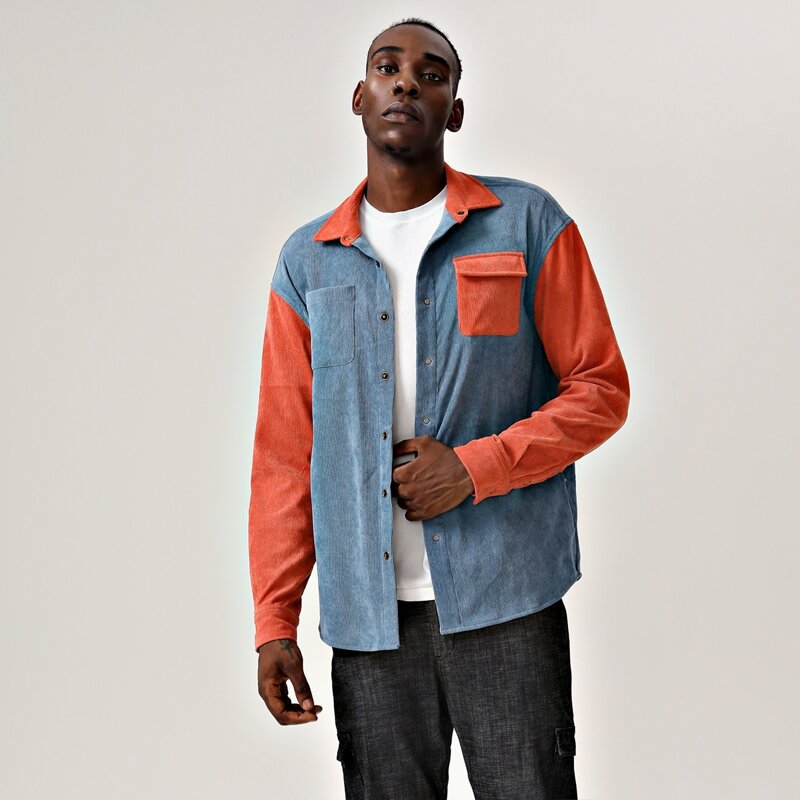 

Guys Pocket Front Colorblock Cord Shirt, Dusty blue