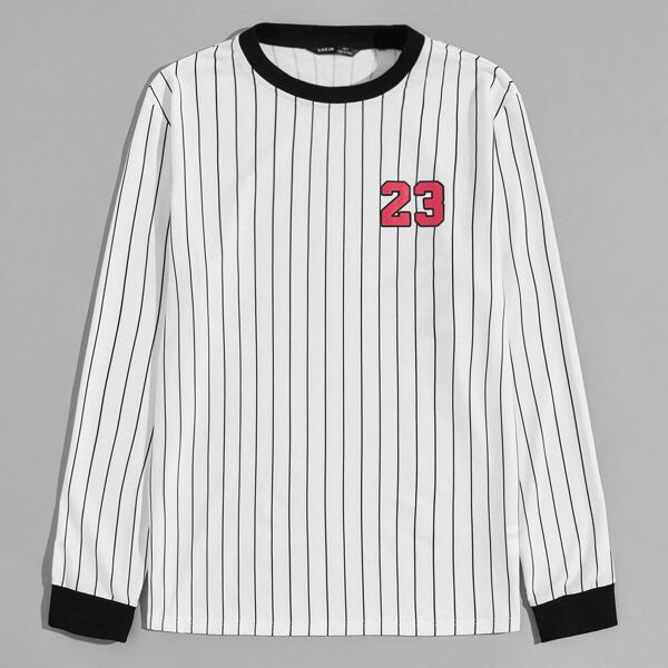 

Men Number Print Striped Pullover, White