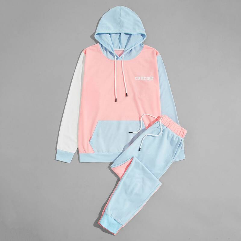 

Guys Color Block And Letter Graphic Hoodie With Sweatpants, Multicolor