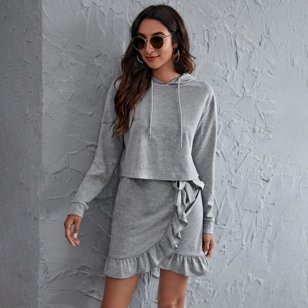 

Drawstring Hoodie With Tie Front Ruffle Hem Wrap Skirt, Grey
