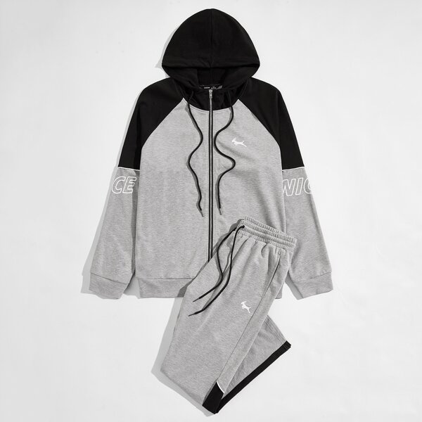 

Men Letter & Graphic Print Hoodie and Sweatpants Set, Grey
