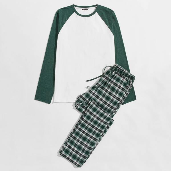 

Men Colorblock Raglan Tee & Plaid Pants PJ Set, Multicolor