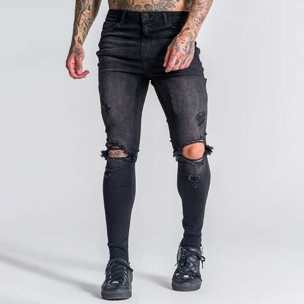 

Men Zipper Fly Distressed Skinny Jeans, Black