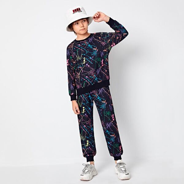 

Boys Splash Ink Print Pullover & Sweatpants Set, Multicolor