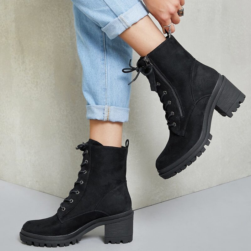 

Lace Front Lug Sole Stacked Heel Combat Boots, Black