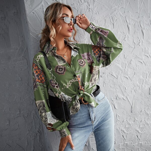 

Bishop Sleeve Scarf Print Blouse, Army green