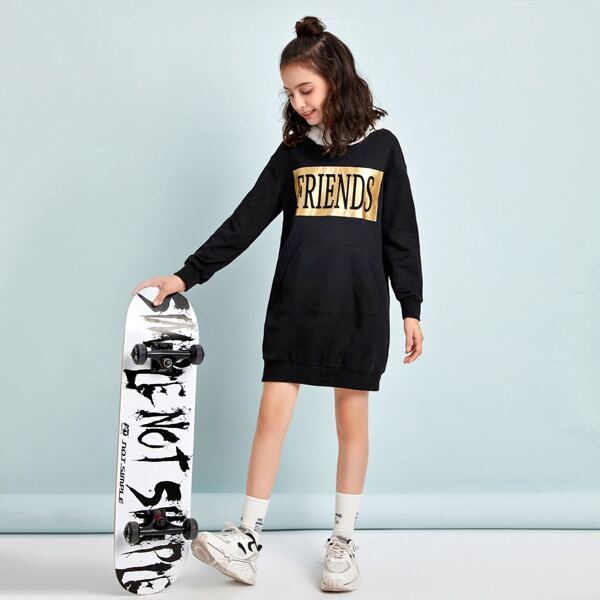 

Girls Letter Graphic Color Block Hooded Sweatshirt Dress, Multicolor