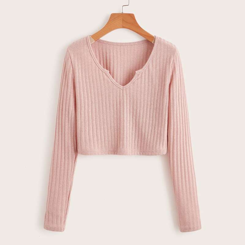 

Notched Neck Ribbed Tee, Baby pink