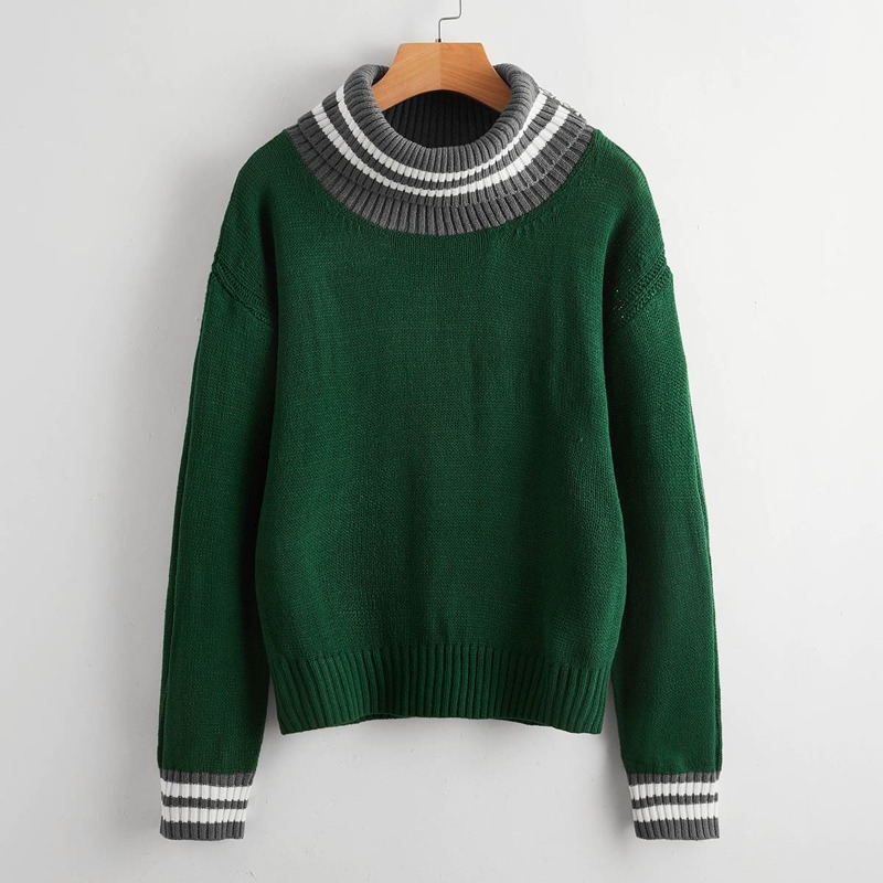 

Striped High Neck Drop Shoulder Sweater, Dark green