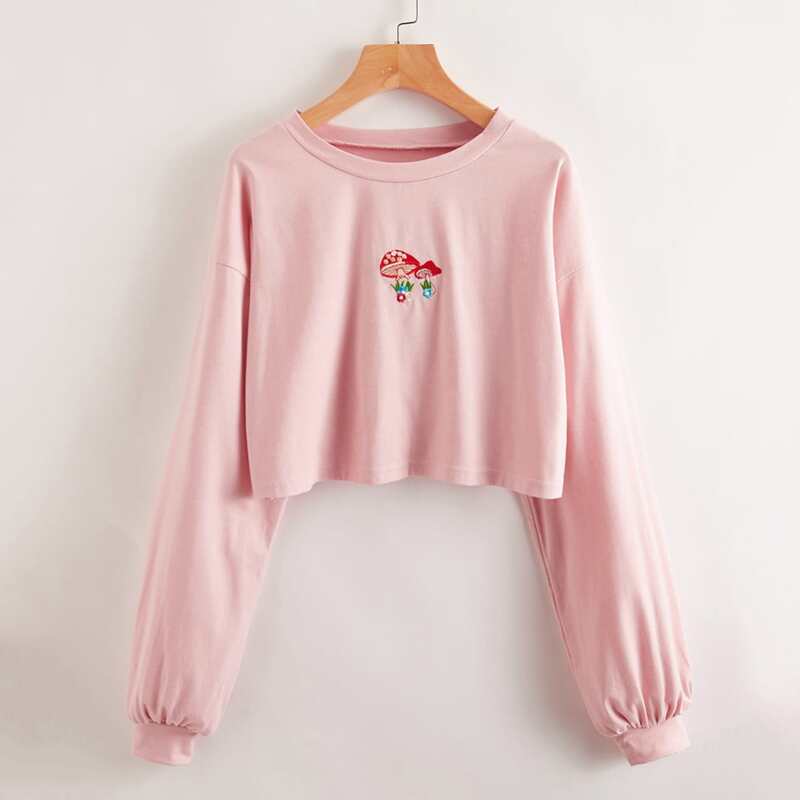 

Mushroom Embroidery Crop Top, Baby pink