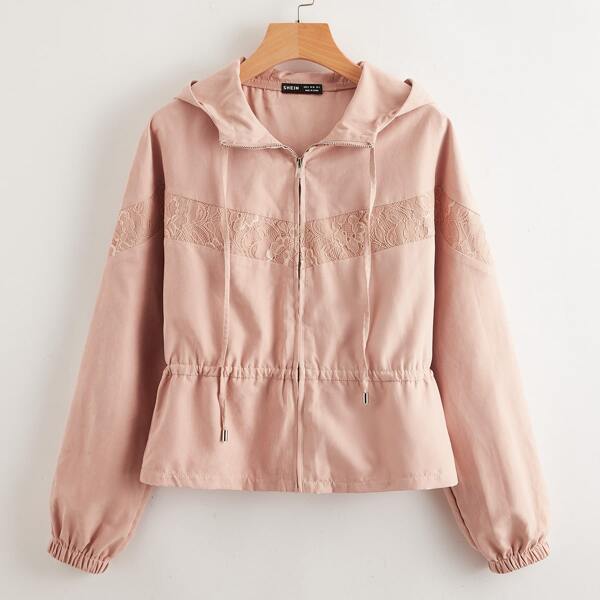 

Lace Panel Drawstring Hooded Jacket, Baby pink