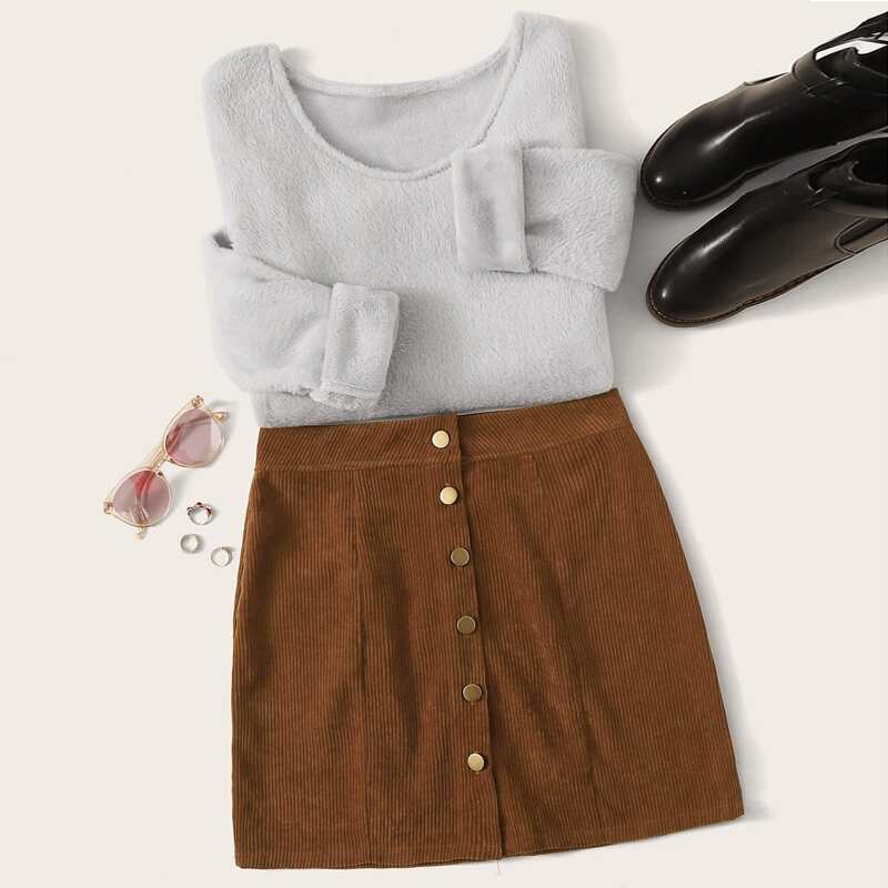 

Teddy Tee With Corduroy Button Front Skirt, Multicolor