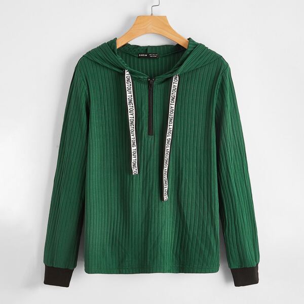 

Letter Drawstring Zipper Front Hooded Sweatshirt, Green